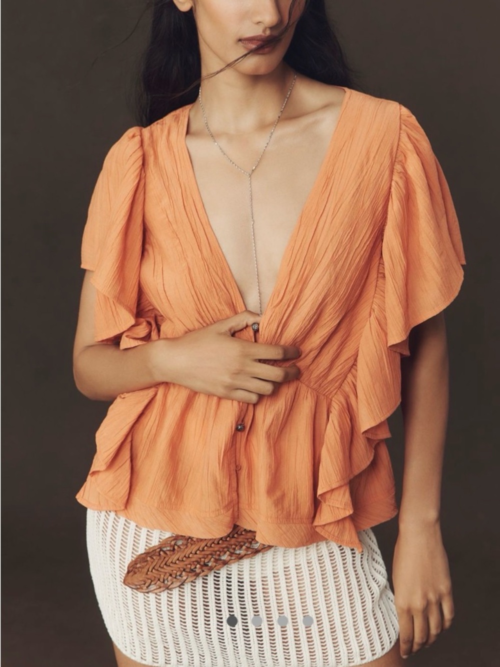 Anthropologie Flutter Ruffle Sleeve Peach Soft Persimmon Crinkled V-Neck Blouse